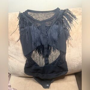 SHEIN Women’s Medium Black Fringe Lace Bodysuit